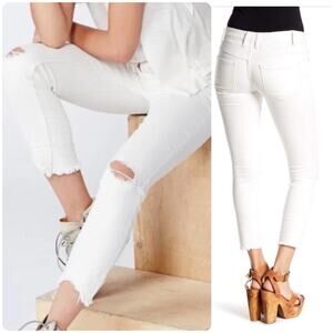 FREE PEOPLE Distressed Frayed Hem Ankle Slim Low Rise Jeans Vintage White Sz 26